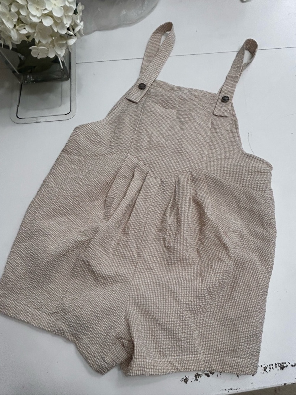 PRIV - Beige Textured Cotton Romper Overalls Relaxed Fit Size Small